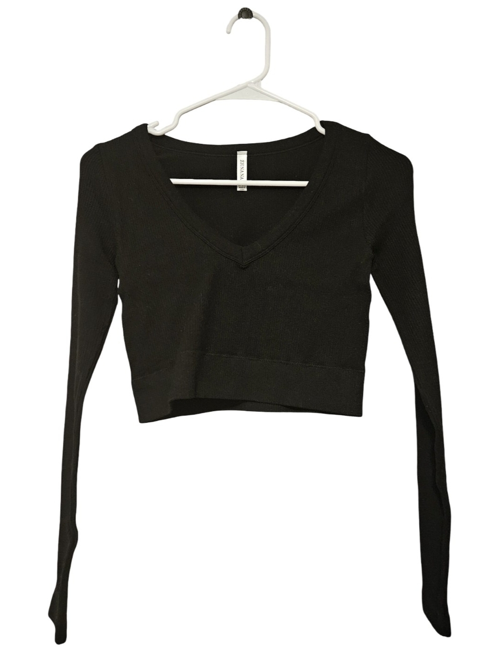 Zenana Ribbed V-Neck Long Sleeve Crop Top - Black